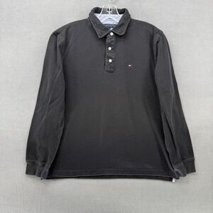 Tommy Hilfiger Mens Long Sleeve Polo Shirt Black Custom Fit Large Logo Cotton